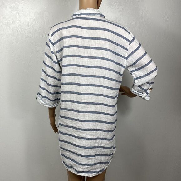 Viola Borghi Linen Blue White Stripes Button Up Tunic Blouse Size S - Picture 4 of 8